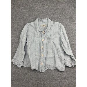 FLAX Shirt Womens Medium Gray 100% Linen Textured Button Front 3/4 Sleeve Top